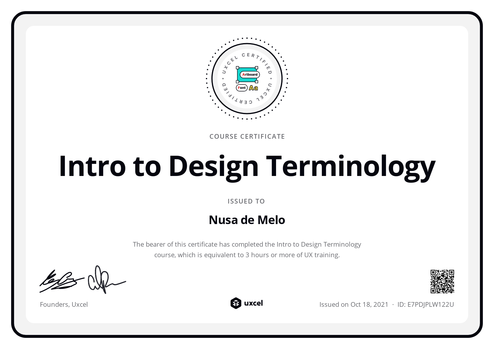 Nusa de Melo's certificate